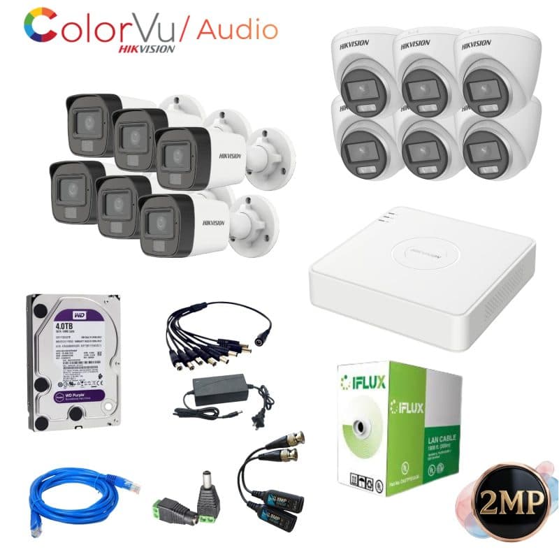 Kit de Vigilancia Hikvision de 12 Cámaras 2MP ColorVu con Audio y Disco 4TB