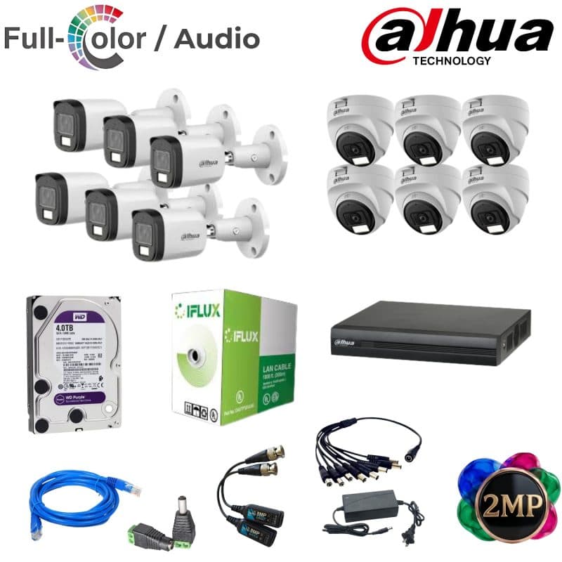 Kit Dahua 12 Cámaras 2MP Full Color con Audio y Disco Duro 4TB