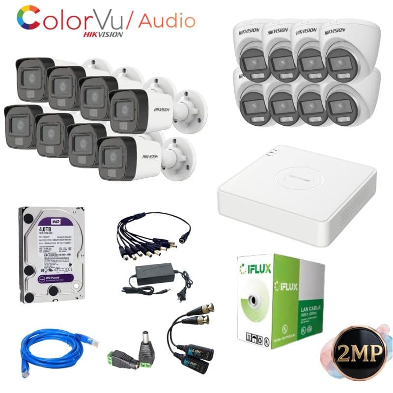 Kit de Vigilancia Hikvision de 16 Cámaras 2MP ColorVu Audio y Disco 4TB