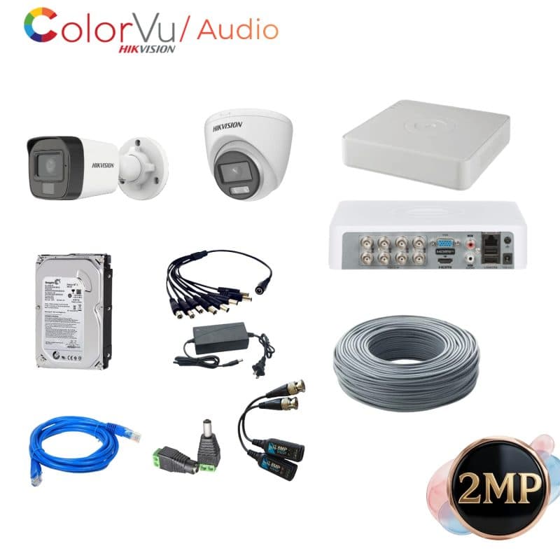 Kit de Vigilancia Hikvision de 2 Cámaras 2MP ColorVu con Audio y Disco 500GB
