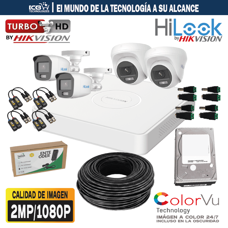 KIT VIGILANCIA HILOOK 4 CÁMARAS 2MP COLORVU 24/7 1TB