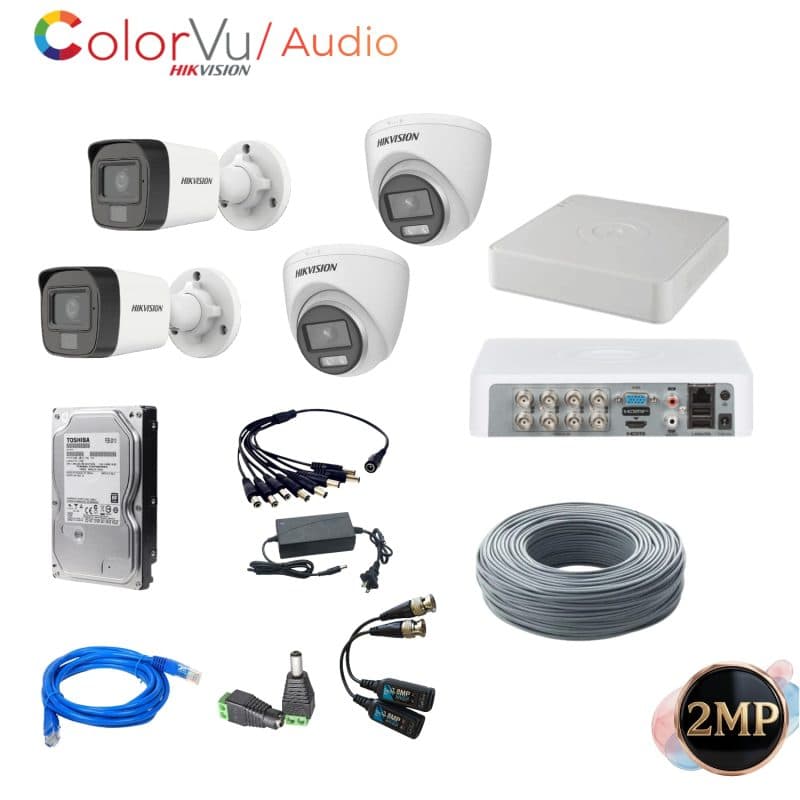Kit de Vigilancia Hikvision de 4 Cámaras 2MP ColorVu con Audio y Disco 1TB
