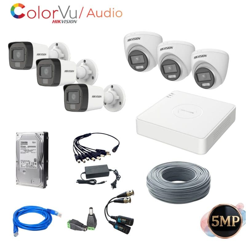 Kit Hikvision 6 cámaras 5MP ColorVu con audio y disco duro 1TB