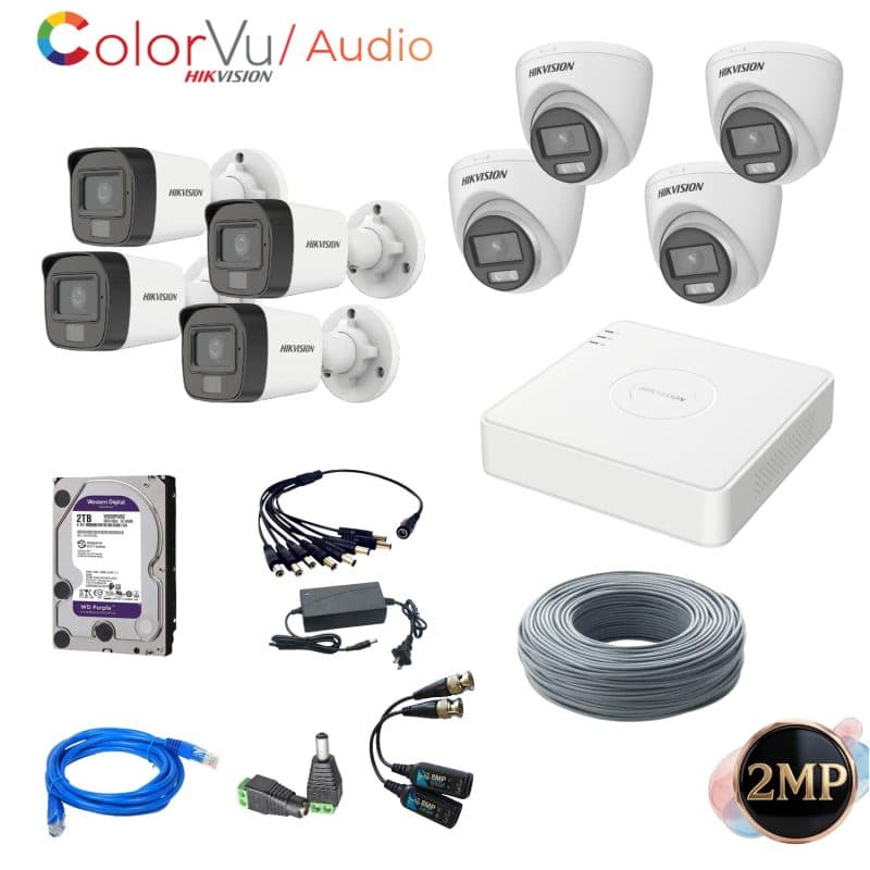 Kit de Vigilancia Hikvision de 8 Cámaras 2MP ColorVu con Audio y Disco 2TB