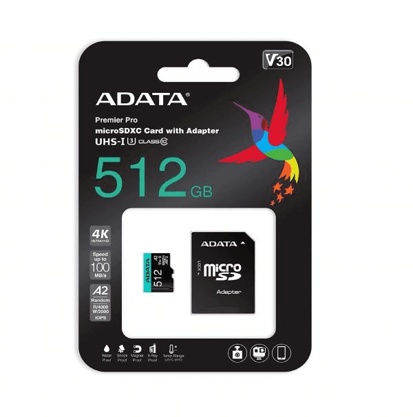 Memoria Micro SD ADATA 512GB 4K V30 para Drones y Nintendo AUSDX512GUI3V30SA2-RA1