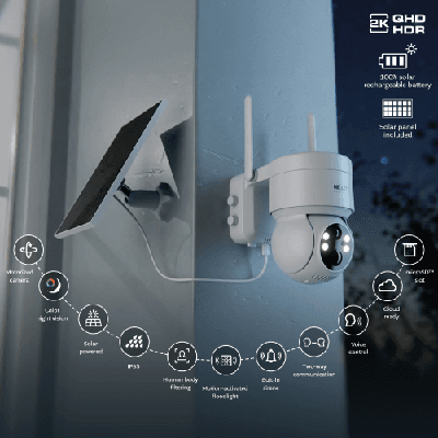 Cámara WiFi Nexxt NHC-OP20S Solar 2K PT/FC con Audio, Sirena e IP65