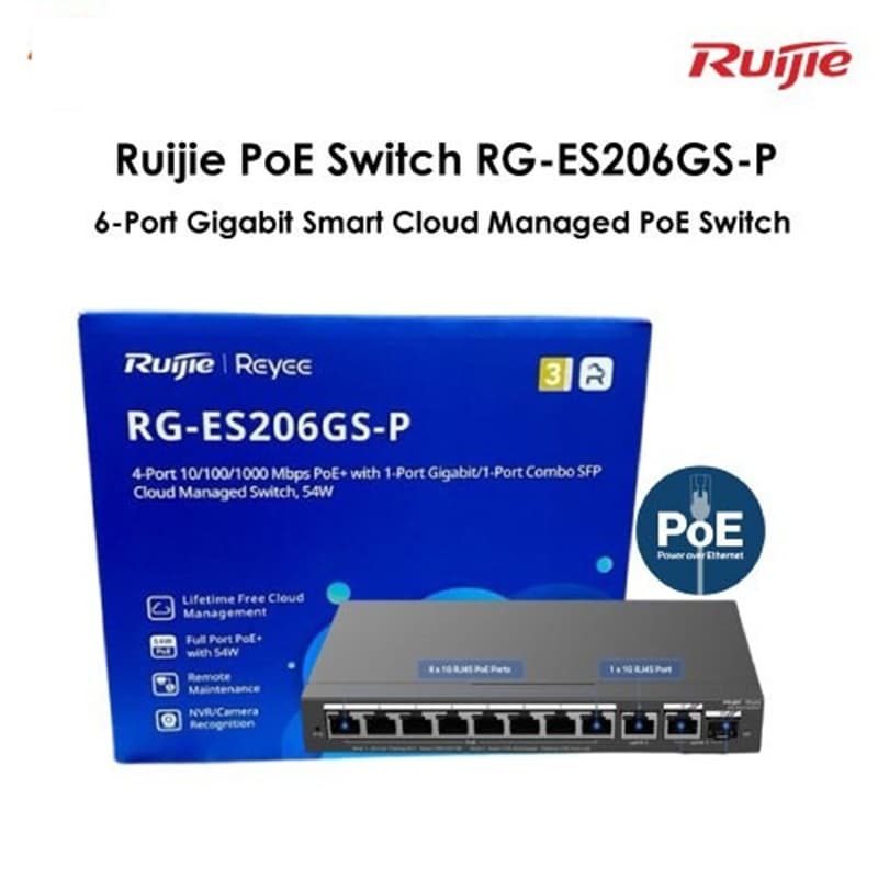 SWITCH RUIJIE-REYEE RG-ES206GS-P 6 PTS GIGA BASE-T 1PT SFP 100BASE-X (4PTS POE) GEST.NUBE