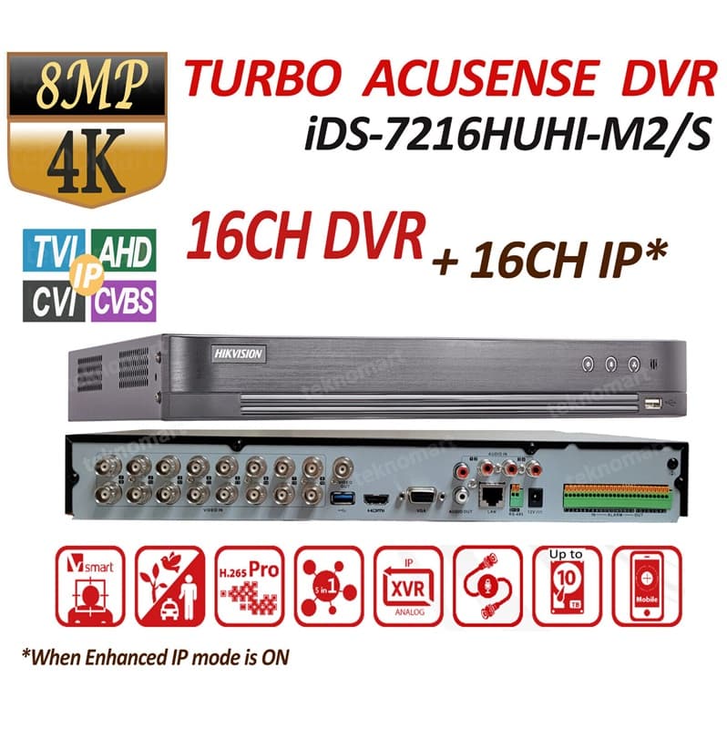Grabador DVR Hikvision iDS-7216HUHI-M2/SX 16CH 8MP AcuSense con Soporte IP