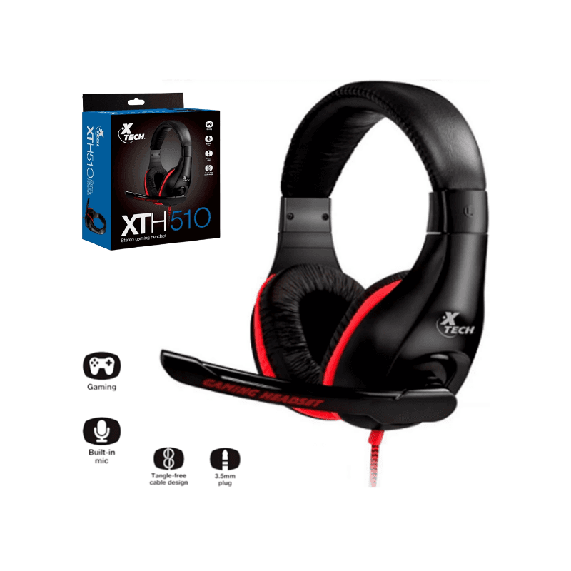 XTECH AUDÍFONOS CON MICRÓFONO XTH-510 ALÁMBRICO 2MTS NEGRO/ROJO 3.5mm